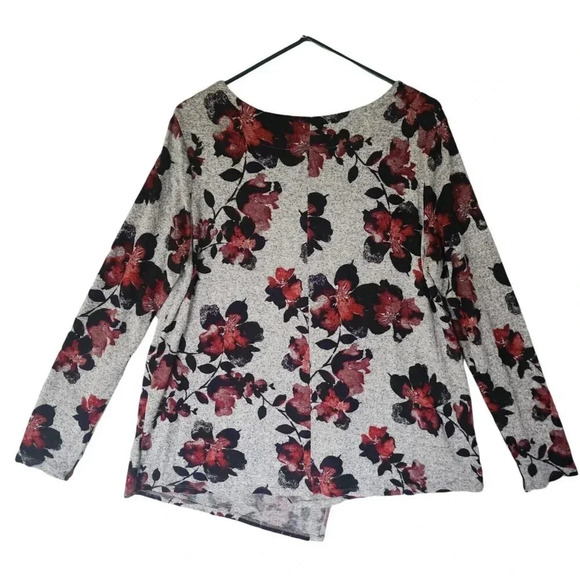 Simply Vera Vera Wang Top Size XL Gray Floral V-Neck Asymmetrical Long Sleeve - Picture 4 of 10